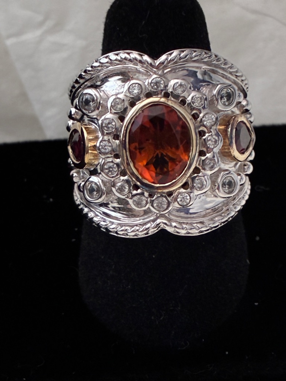 Dallas Prince Silver Ring with Amber Center Gem with Cz and Garnet accents